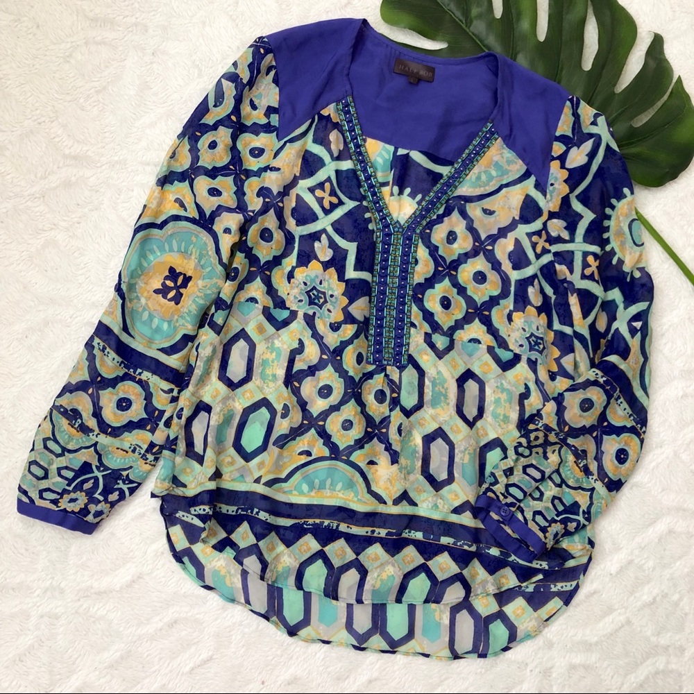 Hale Bob Geometric Embellished Silk Blouse Size L